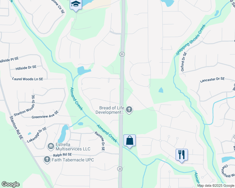 map of restaurants, bars, coffee shops, grocery stores, and more near 2815 Georgia 20 in Conyers