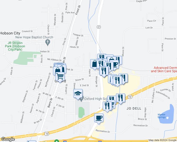 map of restaurants, bars, coffee shops, grocery stores, and more near 324 Hale Street in Oxford