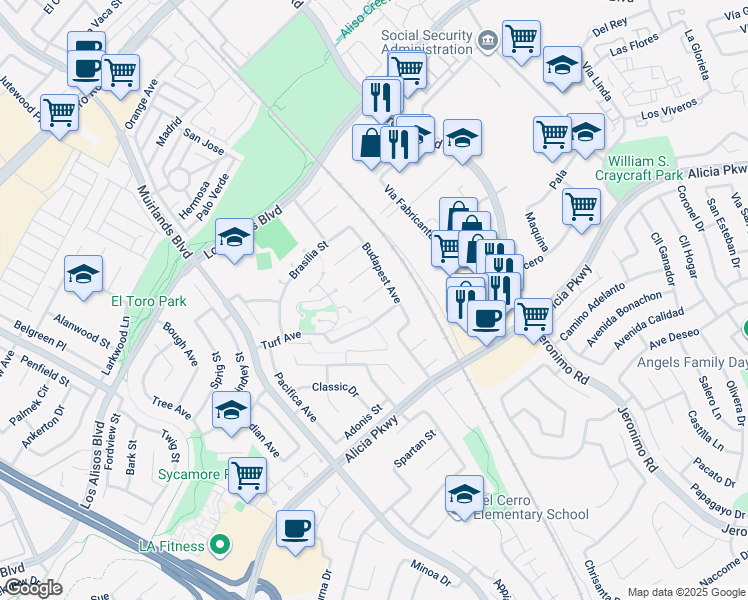 map of restaurants, bars, coffee shops, grocery stores, and more near 23842 Helsinki Street in Mission Viejo