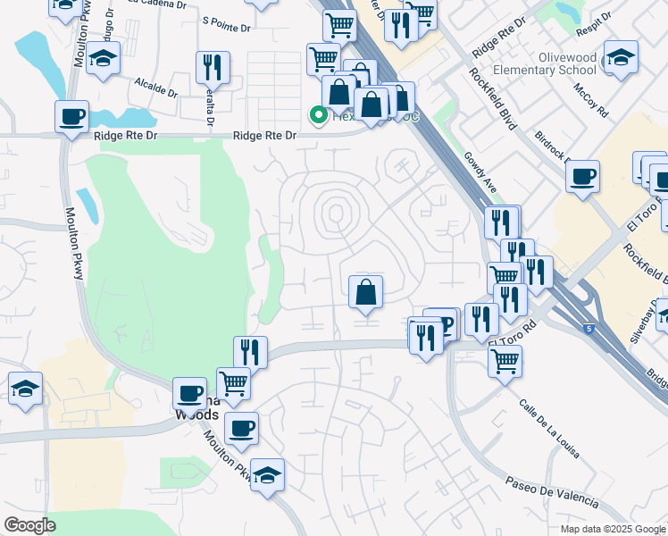map of restaurants, bars, coffee shops, grocery stores, and more near 2176 Via Puerta in Laguna Woods