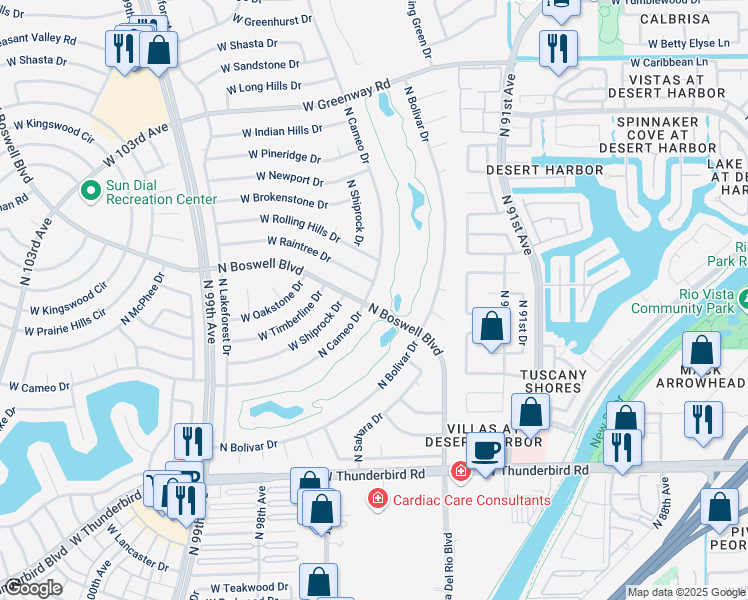 map of restaurants, bars, coffee shops, grocery stores, and more near 14421 North Cameo Drive in Sun City