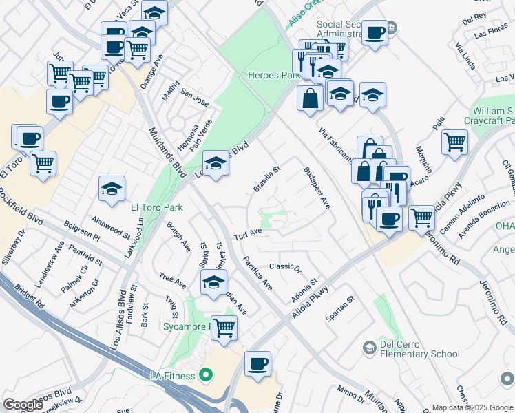 map of restaurants, bars, coffee shops, grocery stores, and more near 23802 Brasilia Street in Mission Viejo