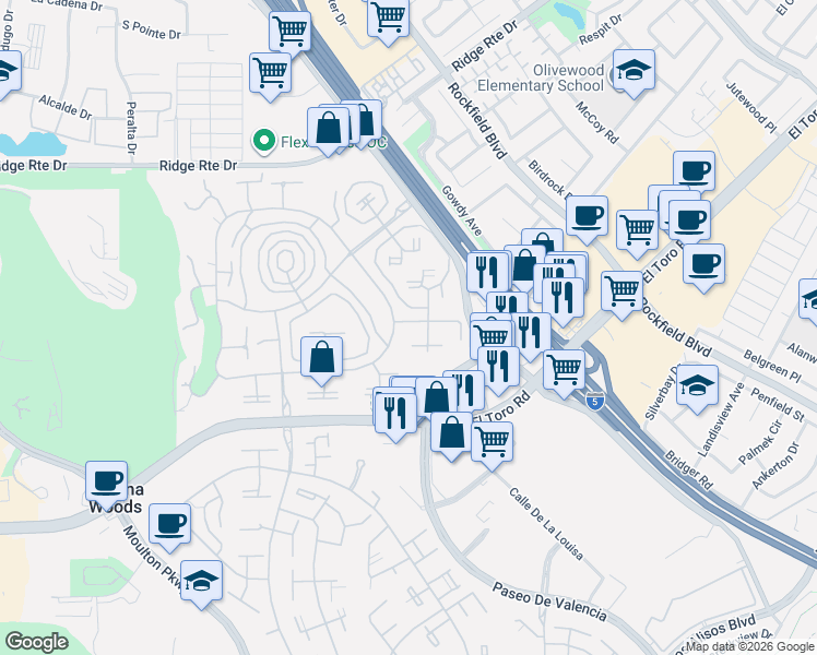 map of restaurants, bars, coffee shops, grocery stores, and more near 2098 Ronda Granada in Laguna Woods