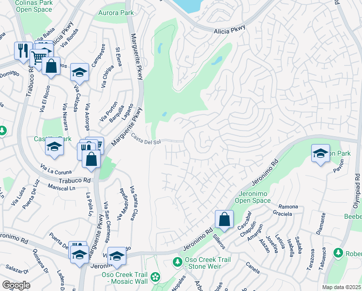 map of restaurants, bars, coffee shops, grocery stores, and more near 27725 Via Rodrigo in Mission Viejo