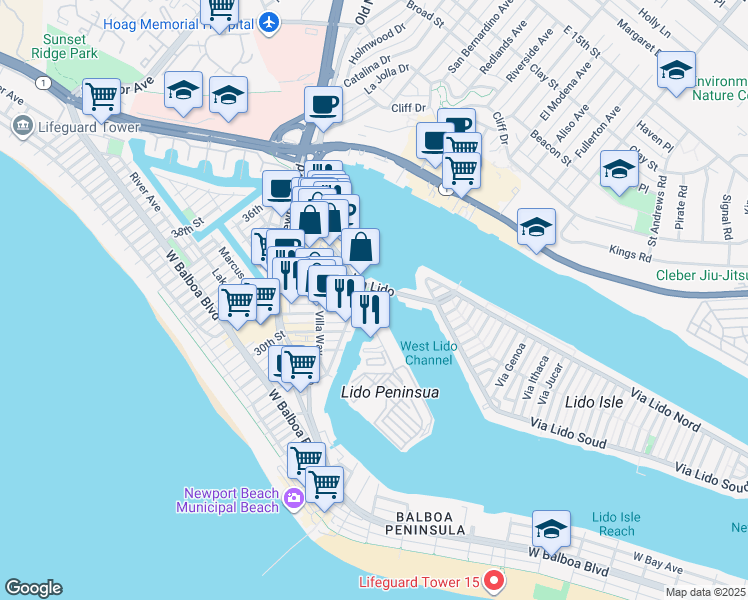 map of restaurants, bars, coffee shops, grocery stores, and more near 601 Lido Park Drive in Newport Beach