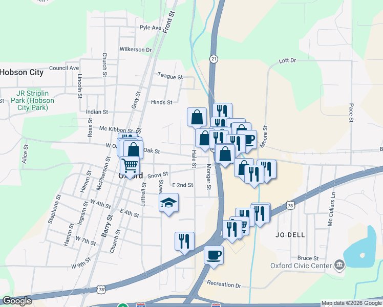map of restaurants, bars, coffee shops, grocery stores, and more near 230 Hale Street in Oxford