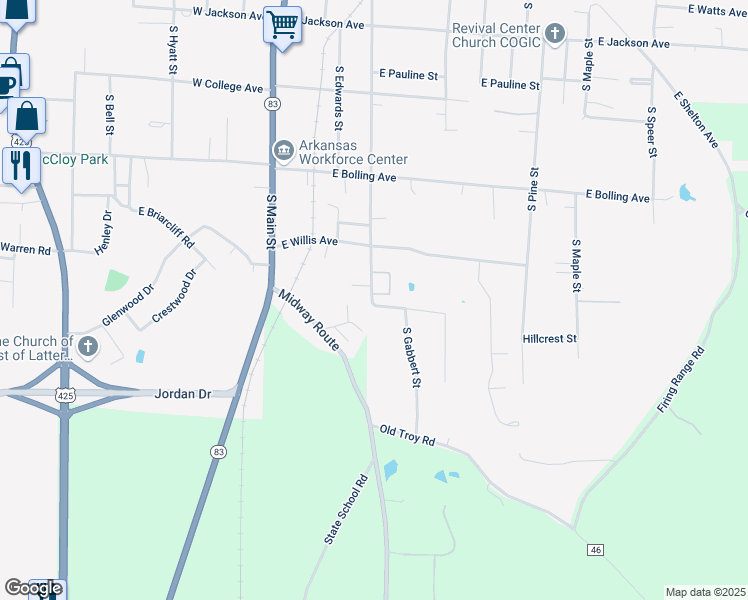 map of restaurants, bars, coffee shops, grocery stores, and more near 422 Ambrose Avenue in Monticello