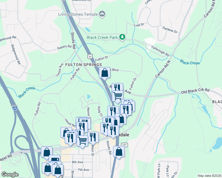 map of restaurants, bars, coffee shops, grocery stores, and more near 2111 Decatur Highway in Coalburg