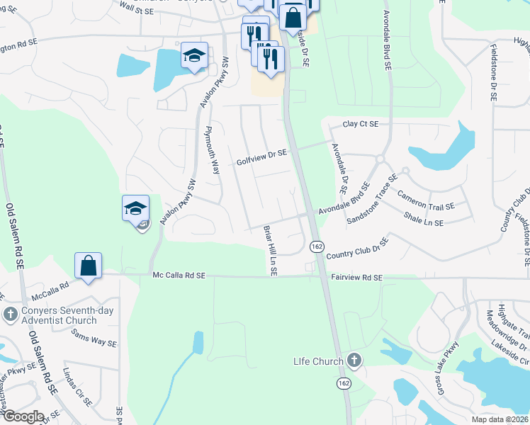 map of restaurants, bars, coffee shops, grocery stores, and more near 2649 Fieldstone View Lane Southeast in Conyers