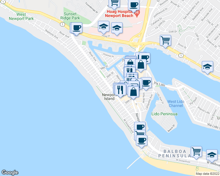 map of restaurants, bars, coffee shops, grocery stores, and more near West Balboa Boulevard & 34th Street in Newport Beach
