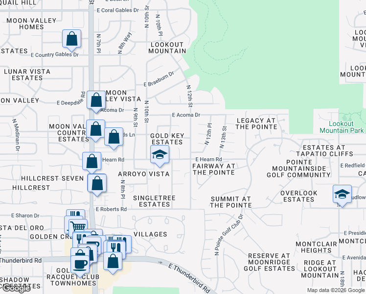 map of restaurants, bars, coffee shops, grocery stores, and more near 1116 East Rowlands Lane in Phoenix
