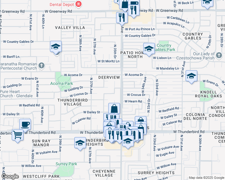 map of restaurants, bars, coffee shops, grocery stores, and more near 3541 West Evans Drive in Phoenix