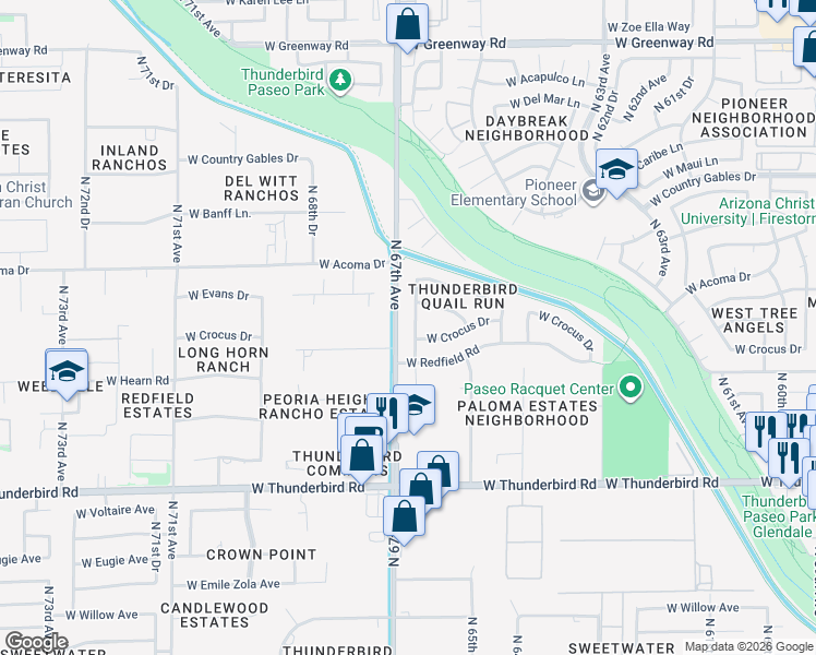 map of restaurants, bars, coffee shops, grocery stores, and more near 14327 North 66th Drive in Glendale