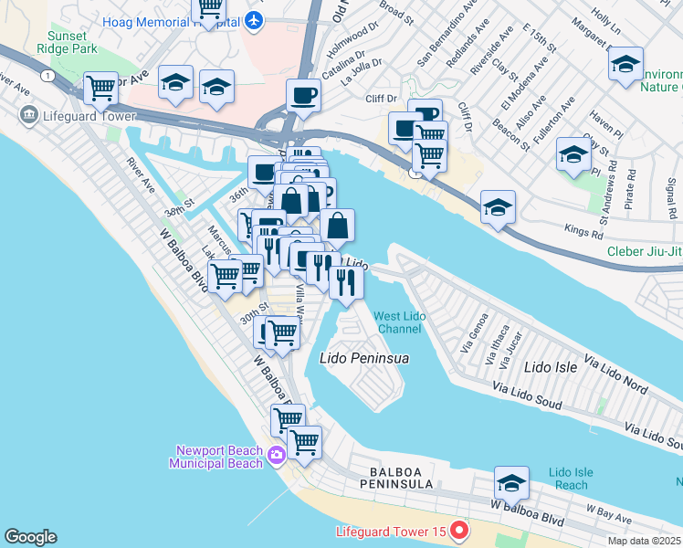 map of restaurants, bars, coffee shops, grocery stores, and more near 3209 Lafayette Avenue in Newport Beach