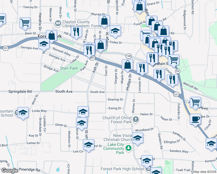 map of restaurants, bars, coffee shops, grocery stores, and more near 5080 East Street in Forest Park