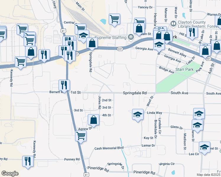 map of restaurants, bars, coffee shops, grocery stores, and more near 5090 Springdale Road in Forest Park