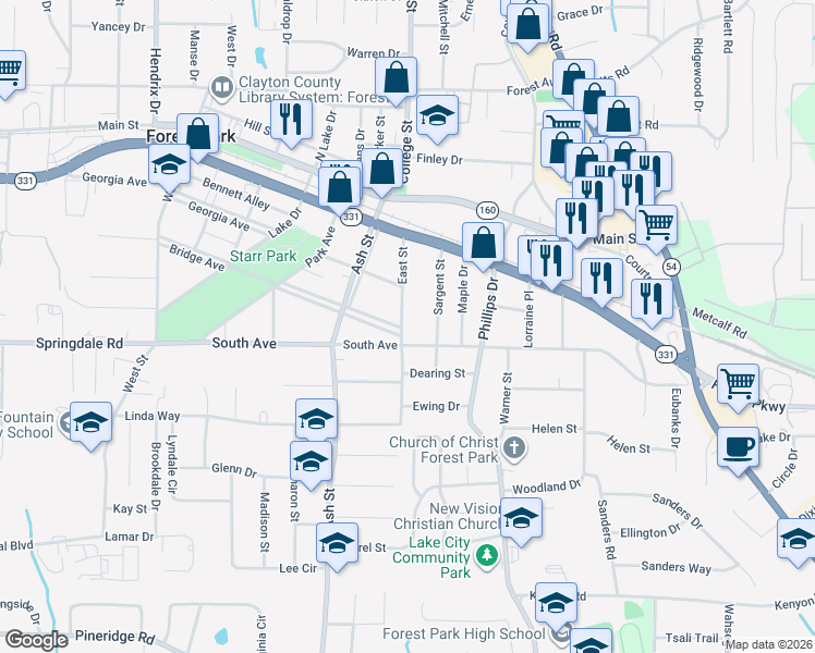 map of restaurants, bars, coffee shops, grocery stores, and more near 5080 East Street in Forest Park