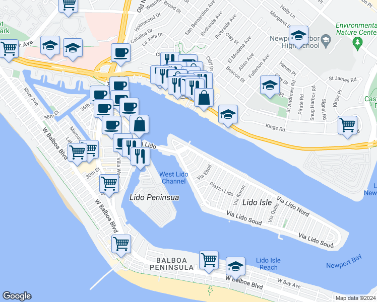 map of restaurants, bars, coffee shops, grocery stores, and more near 206 Via Antibes in Newport Beach