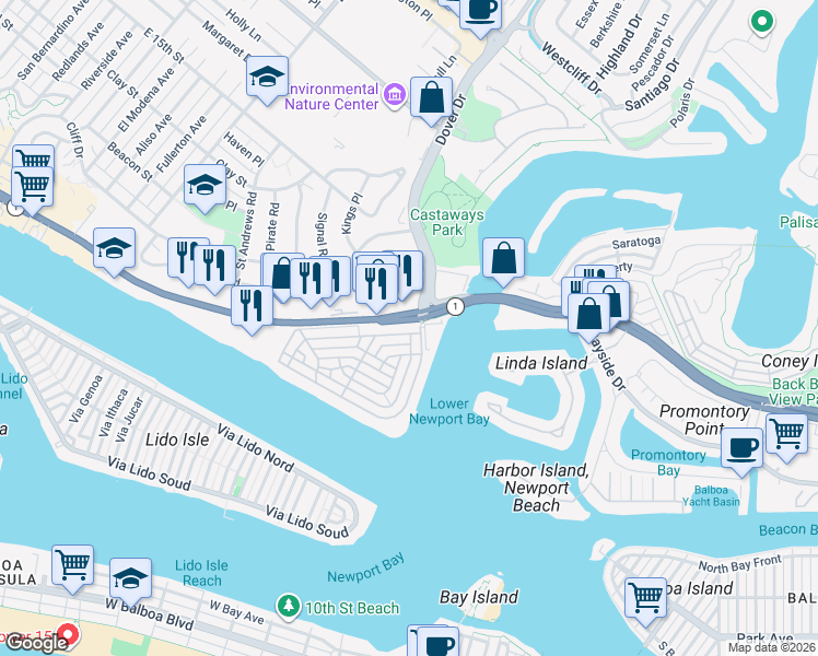 map of restaurants, bars, coffee shops, grocery stores, and more near 2681 Crestview Drive in Newport Beach