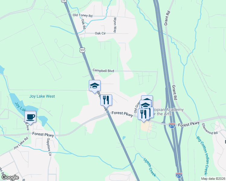 map of restaurants, bars, coffee shops, grocery stores, and more near 2613 Burkshire Road in Ellenwood