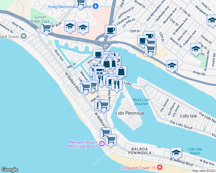map of restaurants, bars, coffee shops, grocery stores, and more near 119 Via Oporto in Newport Beach