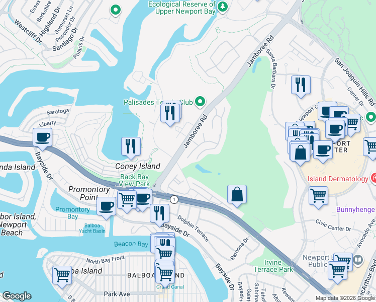 map of restaurants, bars, coffee shops, grocery stores, and more near 15 Sea Cove Lane in Newport Beach
