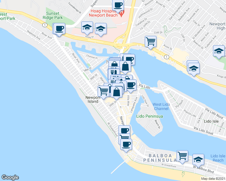 map of restaurants, bars, coffee shops, grocery stores, and more near 332-398 32nd St in Newport Beach