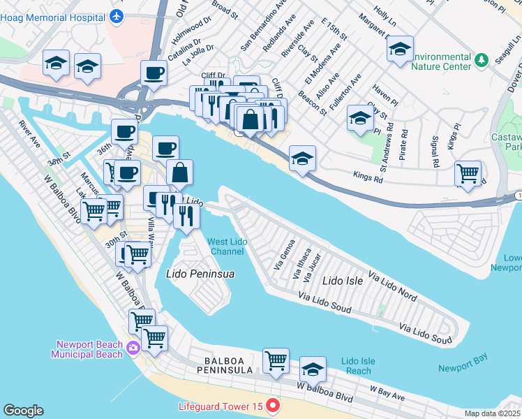map of restaurants, bars, coffee shops, grocery stores, and more near 218 Via Lido Nord in Newport Beach