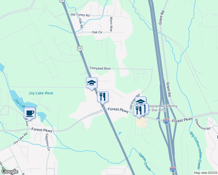 map of restaurants, bars, coffee shops, grocery stores, and more near 2616 Farn Drive in Ellenwood