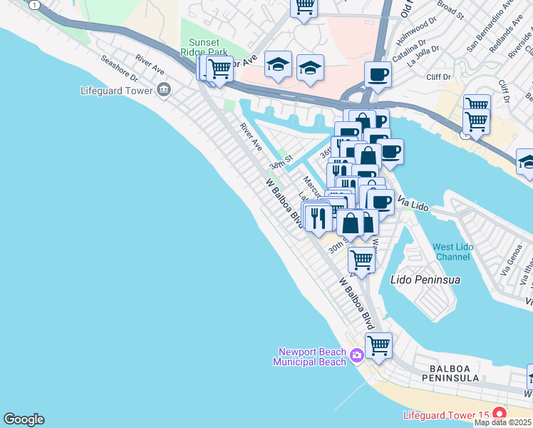 map of restaurants, bars, coffee shops, grocery stores, and more near 3505 Seashore Drive in Newport Beach