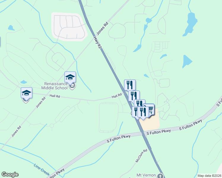 map of restaurants, bars, coffee shops, grocery stores, and more near 7105 Hall Road in Fairburn