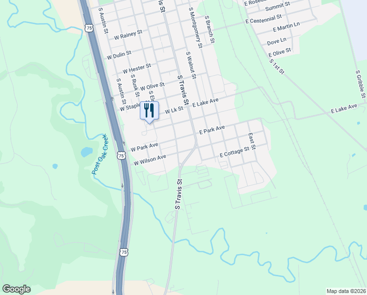 map of restaurants, bars, coffee shops, grocery stores, and more near 124 West Park Avenue in Sherman