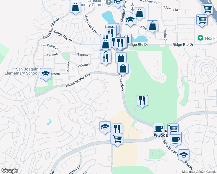 map of restaurants, bars, coffee shops, grocery stores, and more near 3112 Via Serena South in Laguna Woods