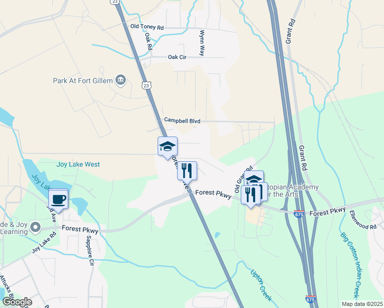 map of restaurants, bars, coffee shops, grocery stores, and more near 2600 Farn Drive in Ellenwood