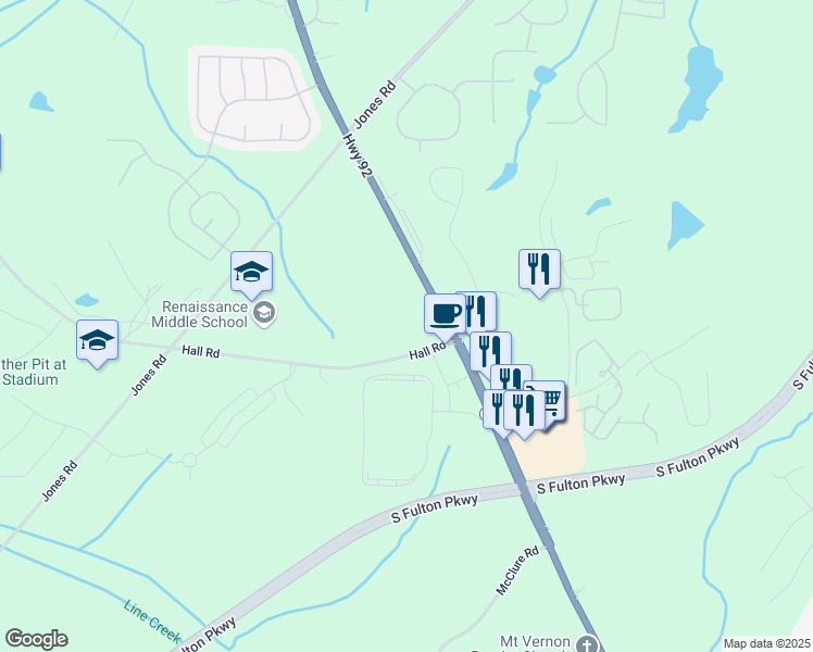 map of restaurants, bars, coffee shops, grocery stores, and more near 7105 Hall Road in Fairburn