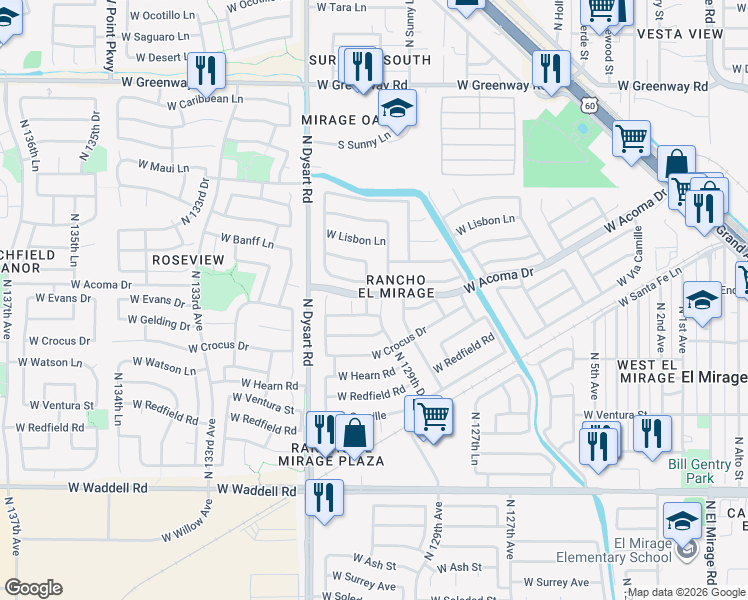 map of restaurants, bars, coffee shops, grocery stores, and more near 12946 West Mandalay Lane in El Mirage
