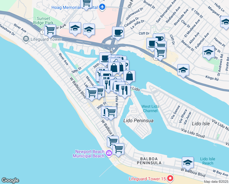 map of restaurants, bars, coffee shops, grocery stores, and more near 119 Via Oporto in Newport Beach