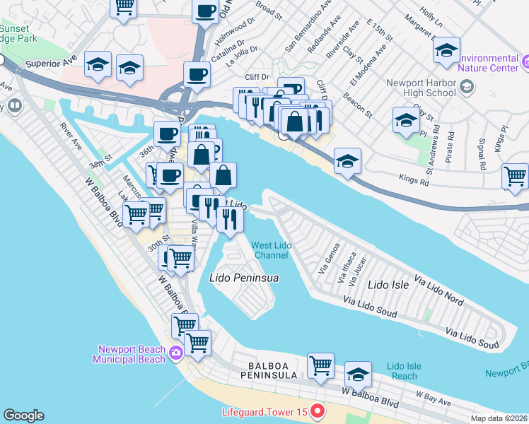 map of restaurants, bars, coffee shops, grocery stores, and more near 601 Via Lido in Newport Beach