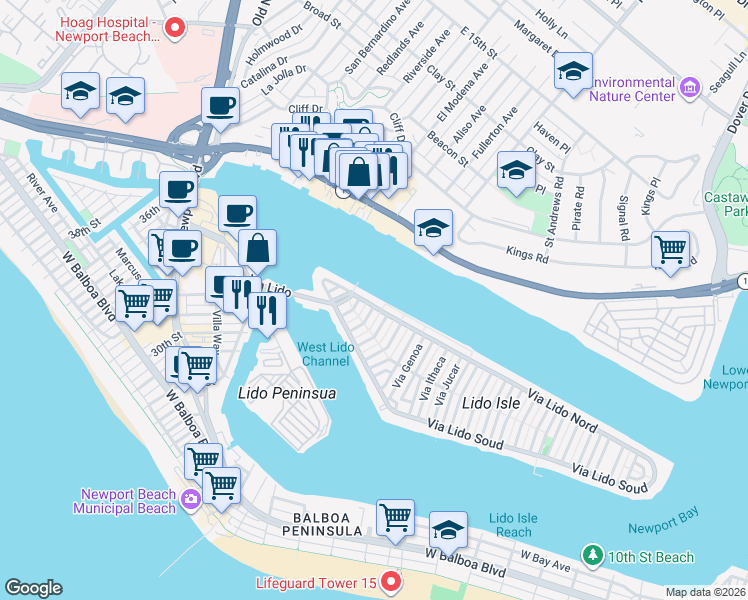 map of restaurants, bars, coffee shops, grocery stores, and more near 218 Via Lido Nord in Newport Beach