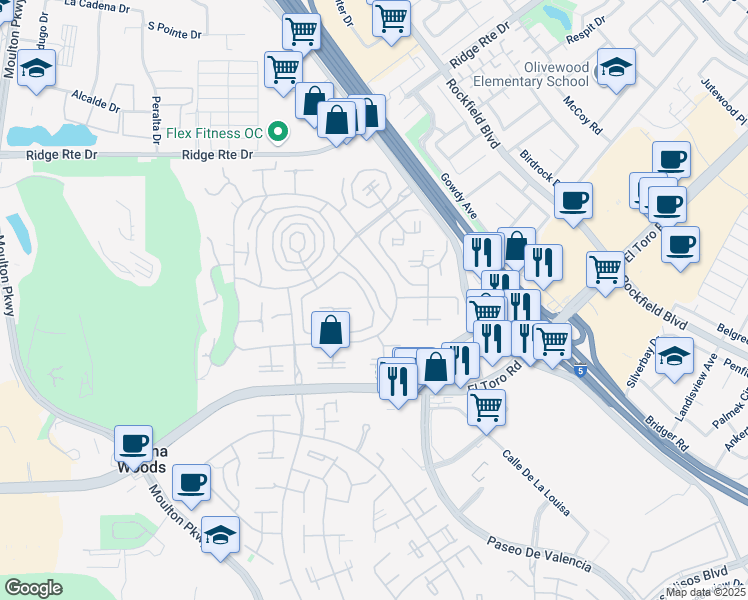 map of restaurants, bars, coffee shops, grocery stores, and more near 2185 Via Mariposa West in Laguna Woods
