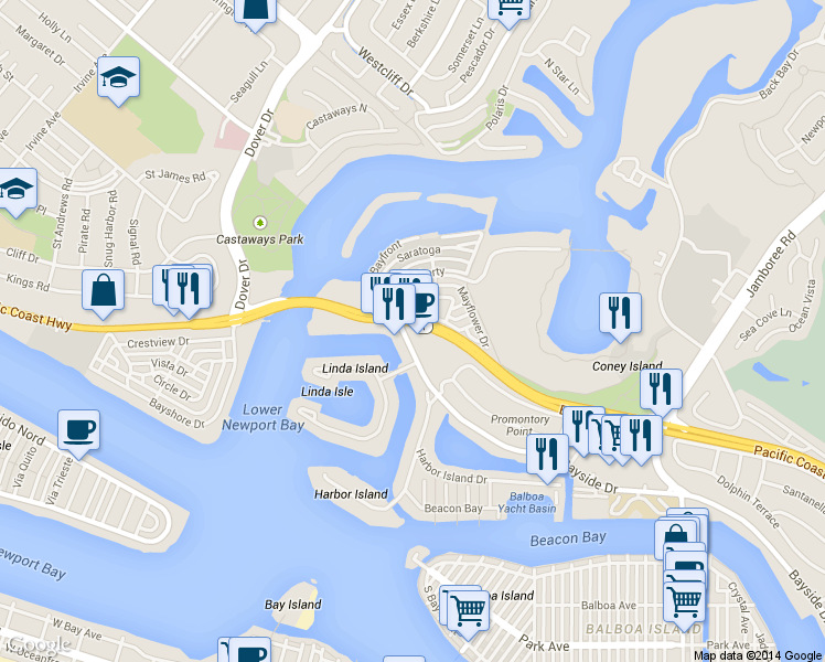 map of restaurants, bars, coffee shops, grocery stores, and more near 301 East Coast Highway in Newport Beach