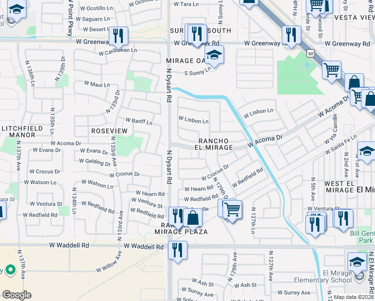 map of restaurants, bars, coffee shops, grocery stores, and more near 13043 West Mandalay Lane in El Mirage