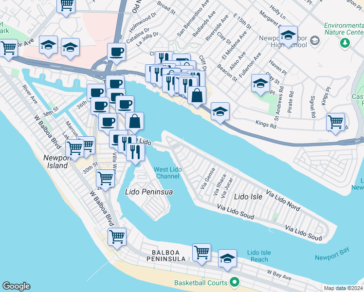 map of restaurants, bars, coffee shops, grocery stores, and more near 206 Via Antibes in Newport Beach