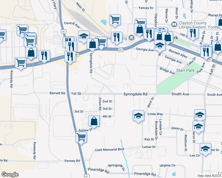 map of restaurants, bars, coffee shops, grocery stores, and more near 5090 Springdale Road in Forest Park