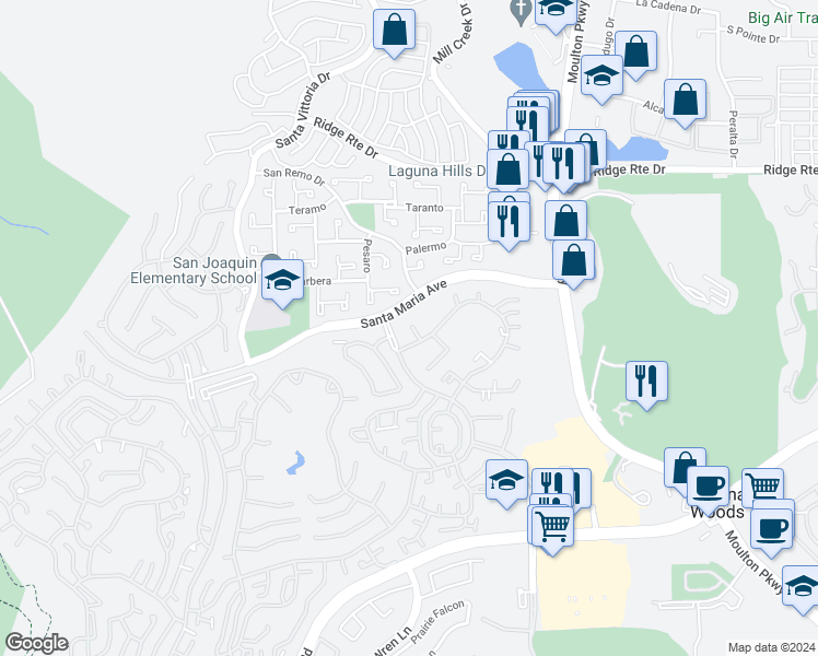 map of restaurants, bars, coffee shops, grocery stores, and more near 3088 Via Serena North in Laguna Woods