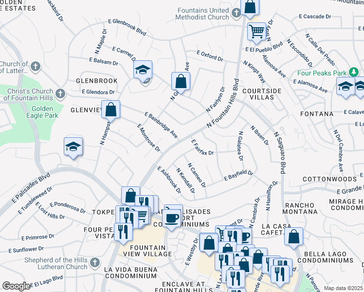 map of restaurants, bars, coffee shops, grocery stores, and more near 14250 North Fountain Hills Boulevard in Fountain Hills