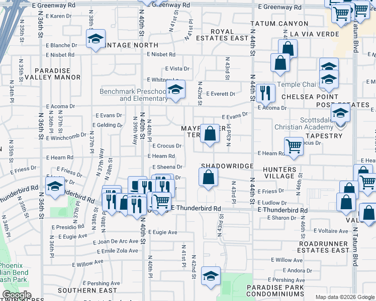 map of restaurants, bars, coffee shops, grocery stores, and more near 14231 North 42nd Street in Phoenix