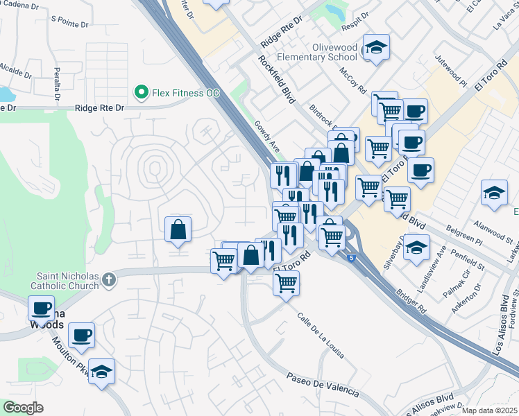 map of restaurants, bars, coffee shops, grocery stores, and more near 2145 Ronda Granada in Laguna Woods