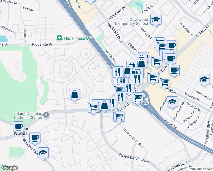 map of restaurants, bars, coffee shops, grocery stores, and more near 2145 Ronda Granada in Laguna Woods