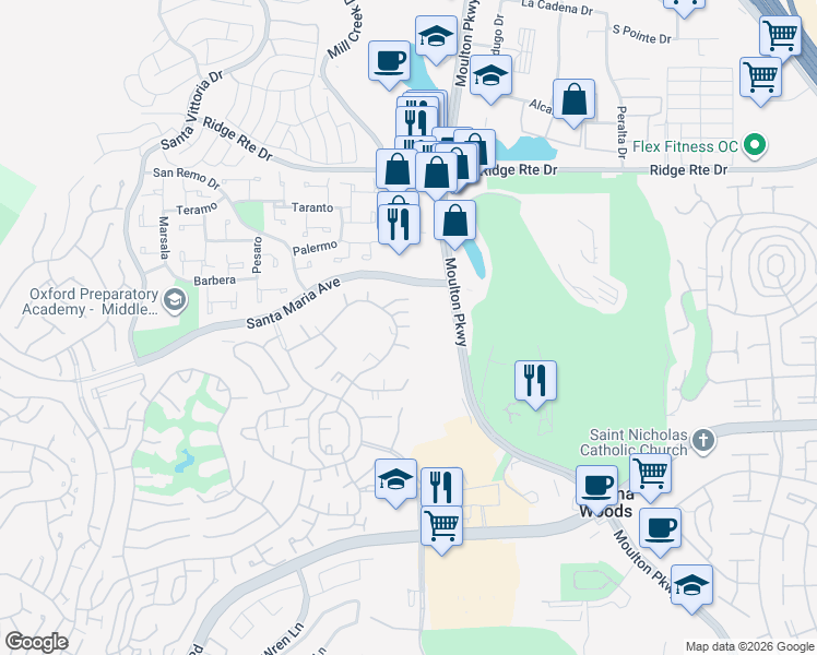 map of restaurants, bars, coffee shops, grocery stores, and more near 3123 Via Serena North in Laguna Woods